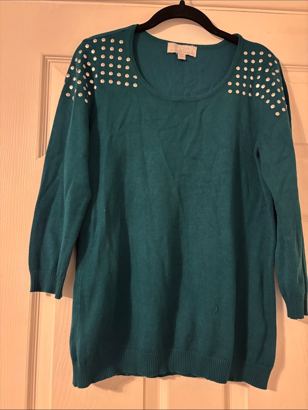 Carolyn Taylor Teal Crewneck Sweater with Shoulder Studs 3/4